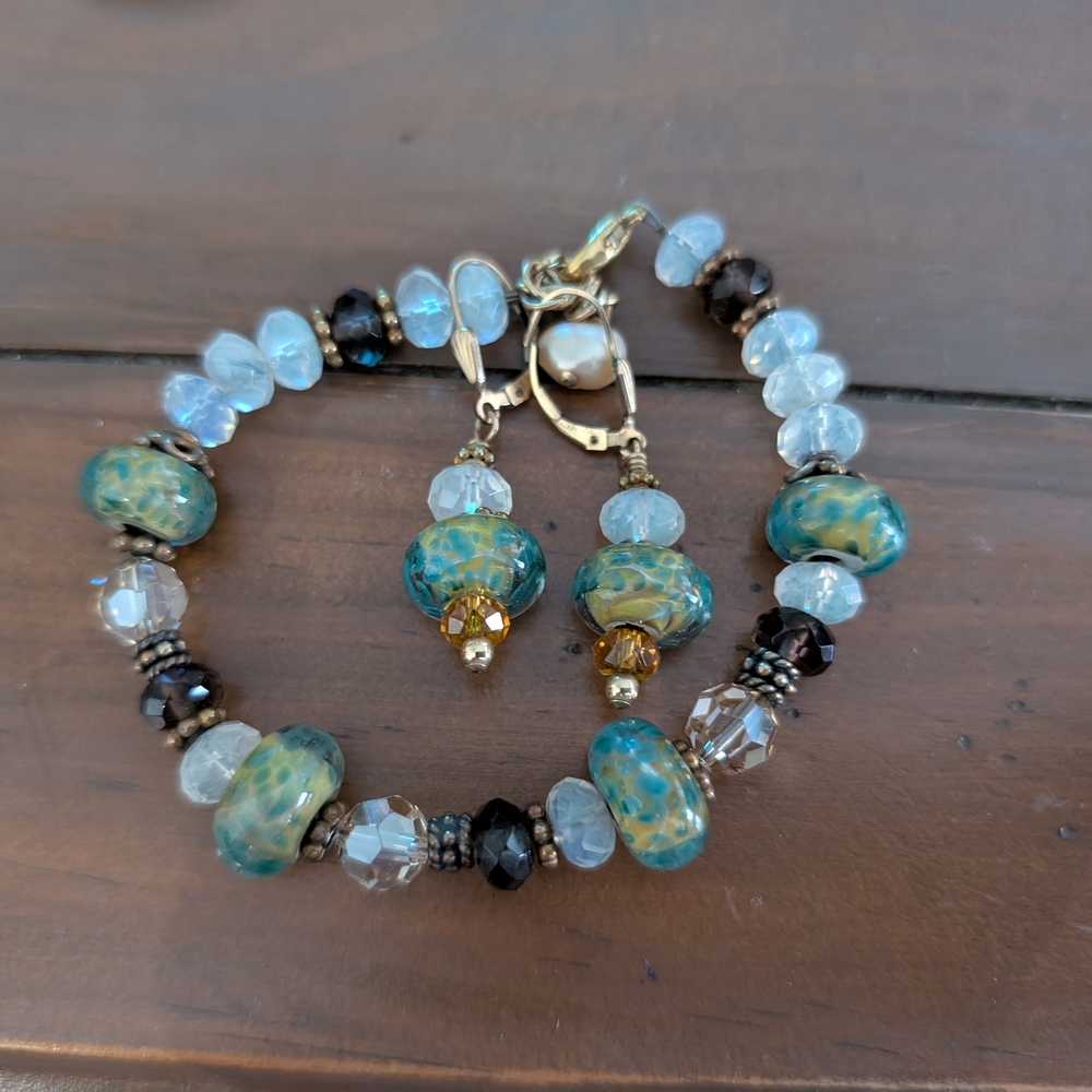 Blue and Gold Beaded Bracelet and Earrings with Metallic Accents